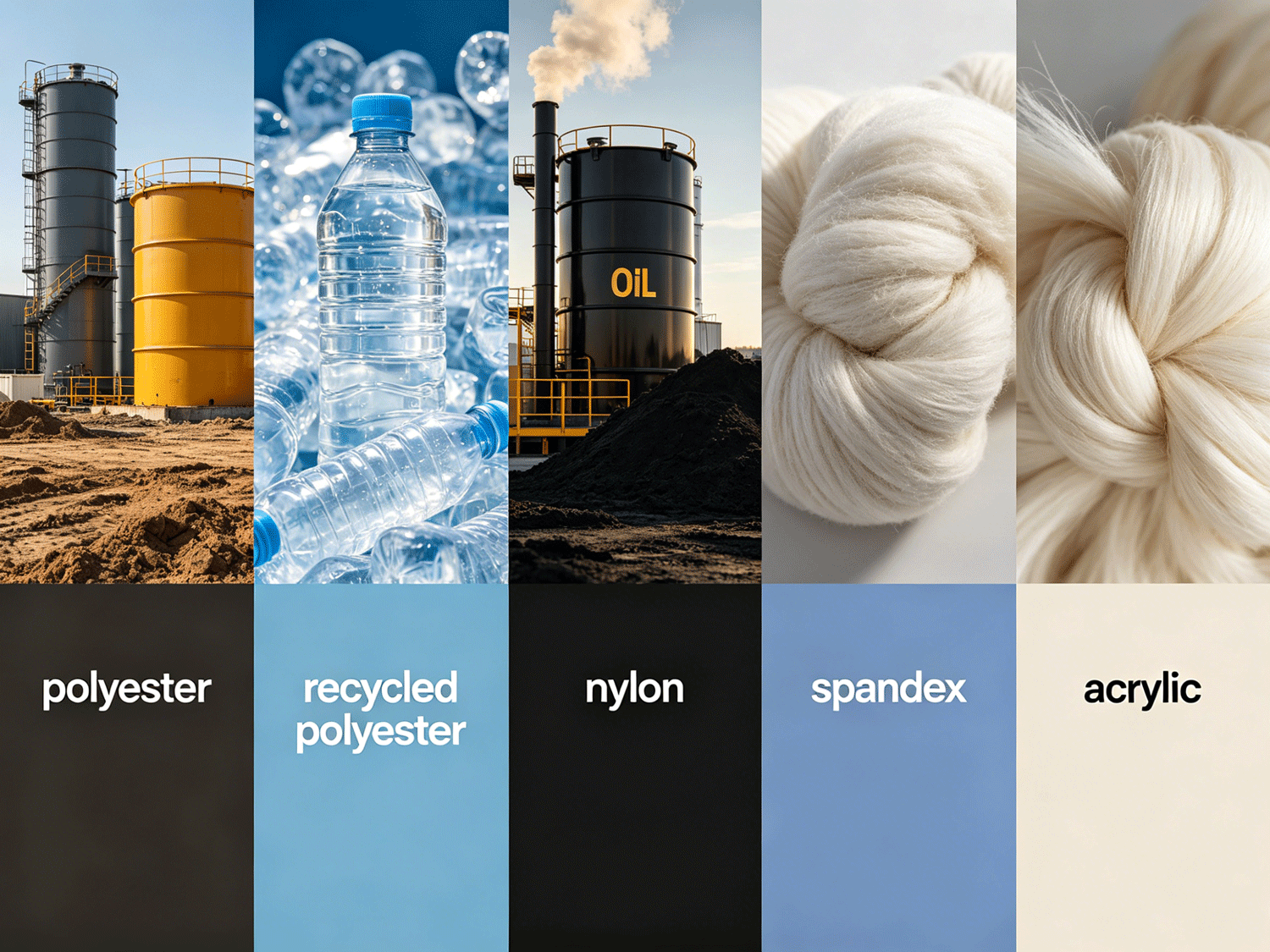 Synthetic fibers raw materials: polyester, recycled polyester, nylon, spandex, acrylic Synthetic fibers raw materials: polyester, recycled polyester, nylon, spandex, acrylic
