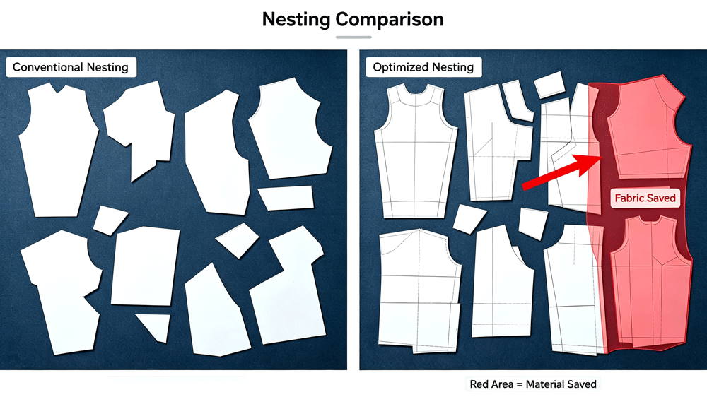 Fabric utilization comparison &ndash; wasteful vs optimized nesting for security uniforms